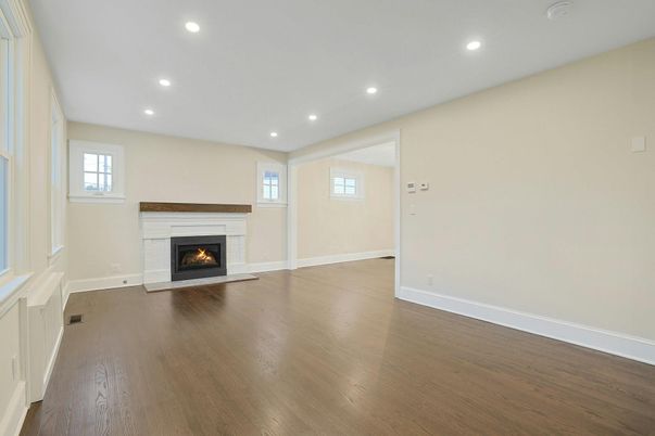 Empty room, Fireplace, Interior, Recessed Lighting, Wood Texture Flooring