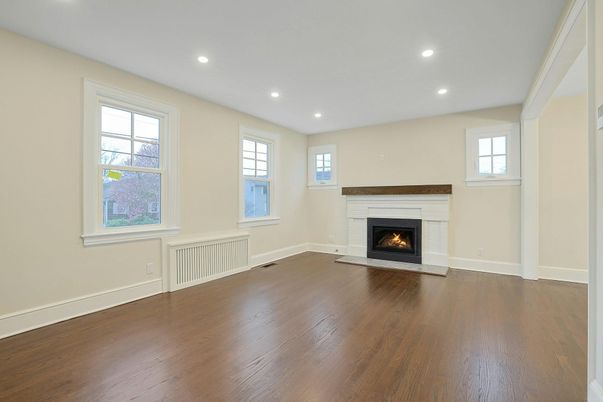 Empty room, Fireplace, Interior, Recessed Lighting, Wood Texture Flooring