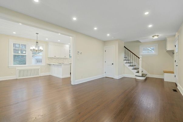 Chandelier, Empty room, Interior, Kitchen, Recessed Lighting, Wood Texture Flooring