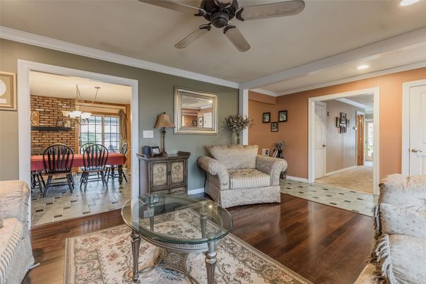Chandelier, Dining room, Interior, Recessed Lighting, Stone Walls, Wood Texture Flooring