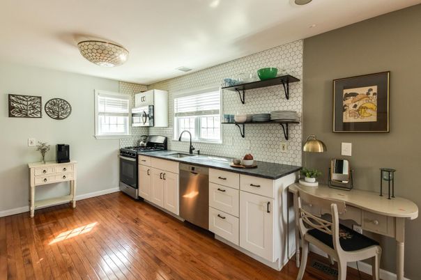 Interior, Kitchen, Stainless Steel Appliances, Stone Walls, Wood Texture Flooring