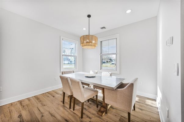 Dining room, Interior, Pendant Lights, Recessed Lighting, Wood Texture Flooring