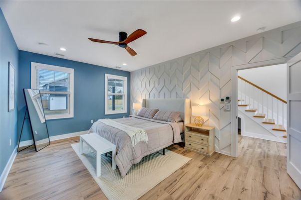 Bedroom, Interior, Recessed Lighting, Wood Texture Flooring