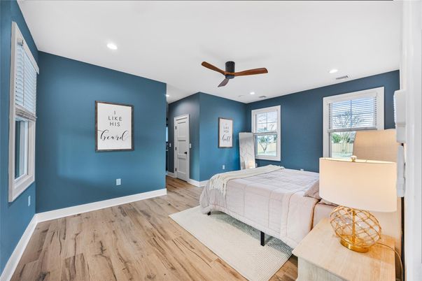 Bedroom, Interior, Recessed Lighting, Wood Texture Flooring