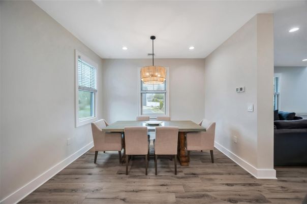 Chandelier, Dining room, Interior, Pendant Lights, Recessed Lighting, Wood Texture Flooring