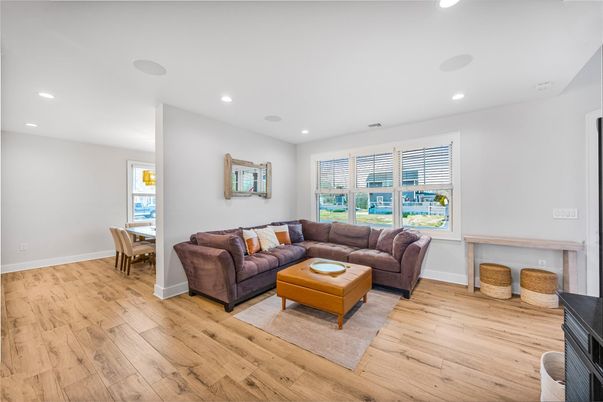 Dining room, Interior, Living room, Recessed Lighting, Wood Texture Flooring