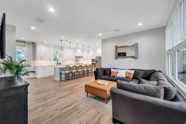 Interior, Kitchen, Living room, Pendant Lights, Recessed Lighting, Wood Texture Flooring