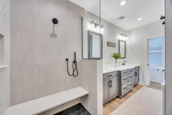 Bathroom, Dual Sink Vanities, Interior, Recessed Lighting, Wood Texture Flooring