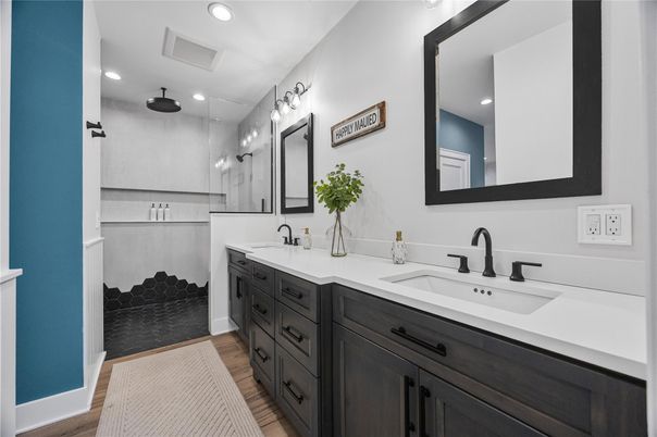 Bathroom, Dual Sink Vanities, Interior, Recessed Lighting, Wood Texture Flooring
