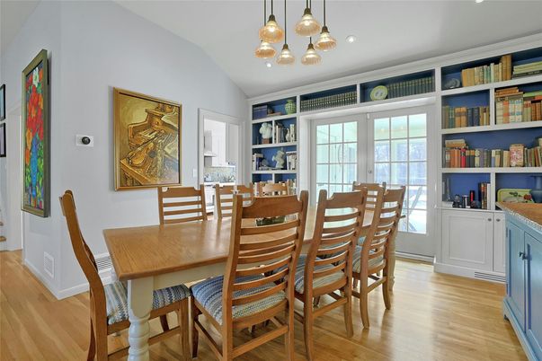 Dining room, Interior, Pendant Lights, Recessed Lighting, Wood Texture Flooring