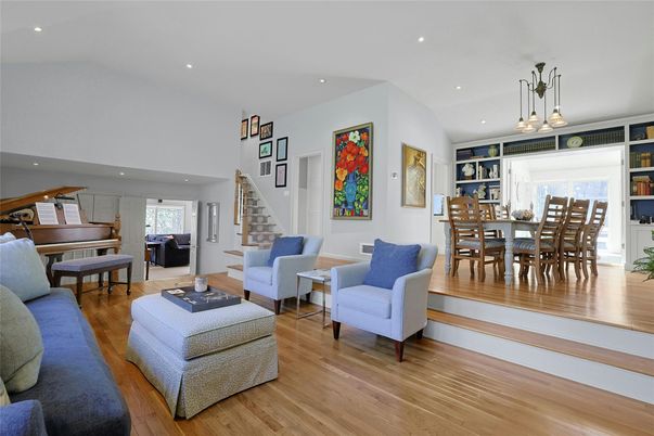 Dining room, Interior, Living room, Pendant Lights, Piano, Recessed Lighting, Wood Texture Flooring