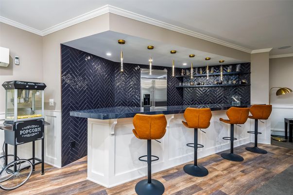 Interior, Kitchen, Marble Walls, Recessed Lighting, Stainless Steel Appliances, Wood Texture Flooring