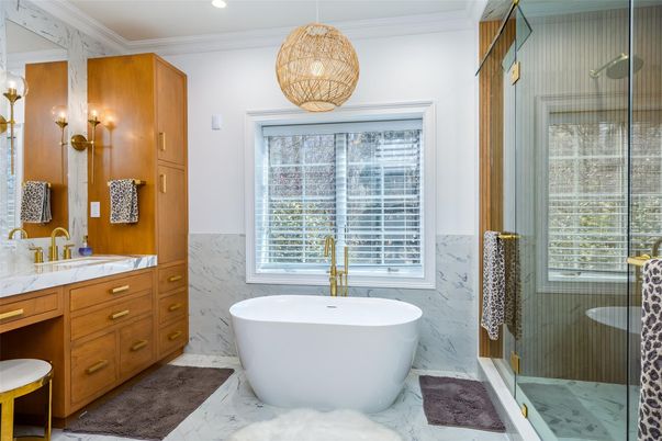 Bathroom, Dual Sink Vanities, Free Standing Baths, Glass Shower, Interior, Marble, Pendant Lights, Recessed Lighting