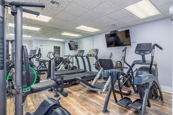 Fitness Equipment, Gym, Interior, Recessed Lighting, Wood Texture Flooring