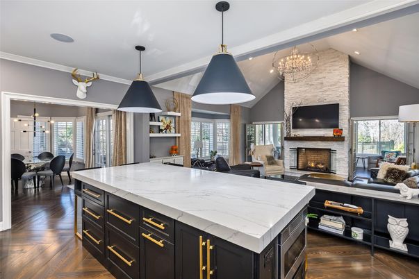 Dining room, Fireplace, Interior, Kitchen, Living room, Pendant Lights, Recessed Lighting, Wood Texture Flooring