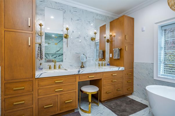 Bathroom, Dual Sink Vanities, Free Standing Baths, Interior, Marble, Marble Walls, Recessed Lighting