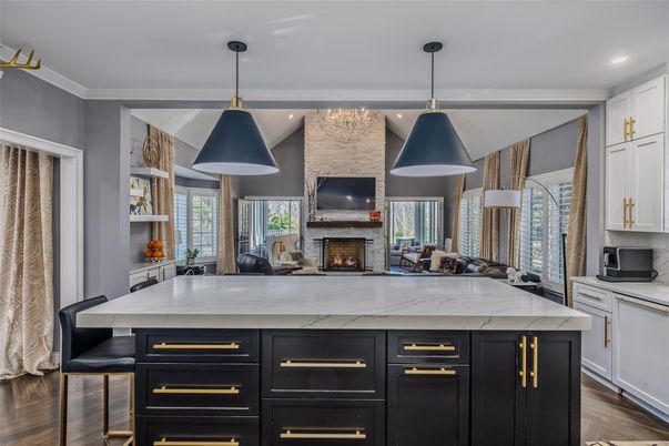 Fireplace, Interior, Kitchen, Pendant Lights, Recessed Lighting, Stone Walls, Wood Texture Flooring