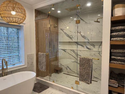Bathroom, Free Standing Baths, Glass Shower, Interior, Marble, Marble Walls, Recessed Lighting