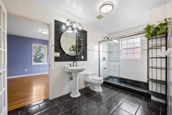 Bathroom, Glass Shower, Interior, Wood Texture Flooring