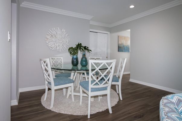 Dining room, Interior, Recessed Lighting, Wood Texture Flooring