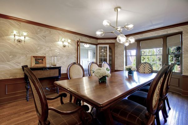 Dining room, Interior, Pendant Lights, Wood Texture Flooring