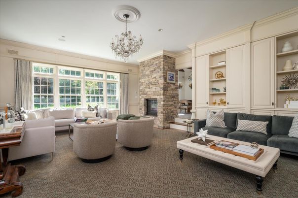 Chandelier, Fireplace, Interior, Living room, Stone Walls