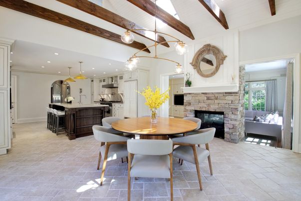 Dining room, Fireplace, Interior, Kitchen, Pendant Lights, Recessed Lighting, Stainless Steel Appliances, Wooden Beams
