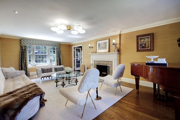 Fireplace, Interior, Living room, Piano, Recessed Lighting, Wood Texture Flooring