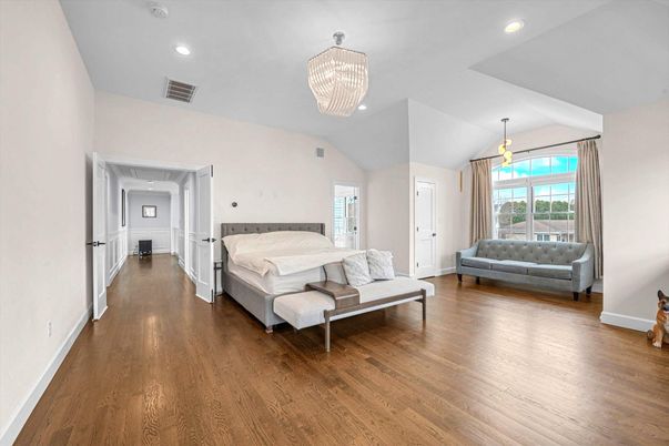 Bedroom, Chandelier, Interior, Pendant Lights, Recessed Lighting, Wood Texture Flooring