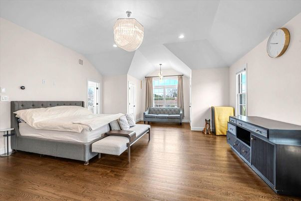 Bedroom, Chandelier, Interior, Recessed Lighting, Wood Texture Flooring