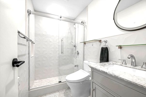 Bathroom, Glass Shower, Interior, Marble Walls