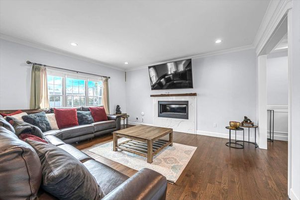 Fireplace, Interior, Living room, Recessed Lighting, Wood Texture Flooring