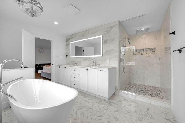 Bathroom, Dual Sink Vanities, Free Standing Baths, Glass Shower, Interior, Marble, Marble Walls, Recessed Lighting