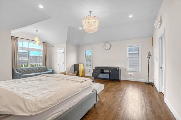 Bedroom, Chandelier, Interior, Pendant Lights, Recessed Lighting, Wood Texture Flooring