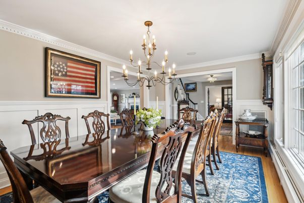 Chandelier, Dining room, Interior, Wood Texture Flooring