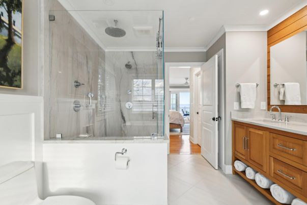 Bathroom, Bedroom, Glass Shower, Interior, Marble Walls, Recessed Lighting, Wood Texture Flooring
