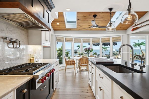 Interior, Kitchen, Pendant Lights, Recessed Lighting, Stainless Steel Appliances, Wooden Ceilings, Wood Texture Flooring