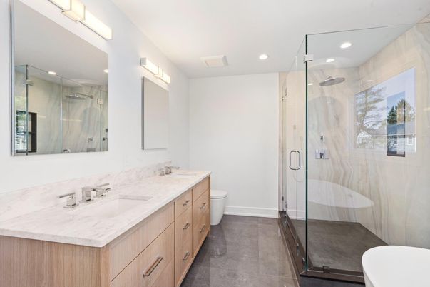 Bathroom, Dual Sink Vanities, Glass Shower, Interior, Recessed Lighting