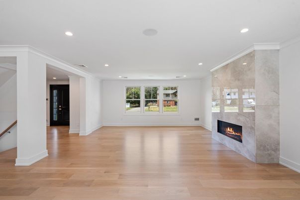 Empty room, Fireplace, Interior, Recessed Lighting, Wood Texture Flooring