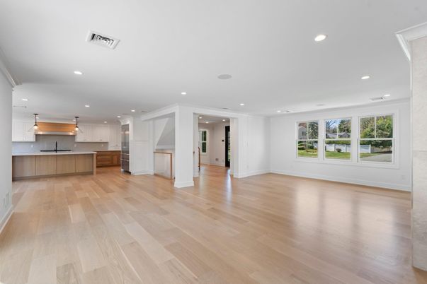 Empty room, Interior, Kitchen, Pendant Lights, Recessed Lighting, Wood Texture Flooring