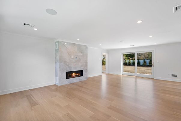 Empty room, Fireplace, Interior, Recessed Lighting, Wood Texture Flooring