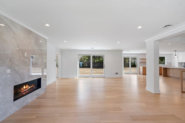 Empty room, Fireplace, Interior, Pendant Lights, Recessed Lighting, Wood Texture Flooring