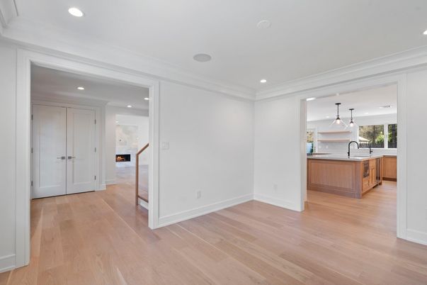 Empty room, Interior, Kitchen, Pendant Lights, Recessed Lighting, Wood Texture Flooring
