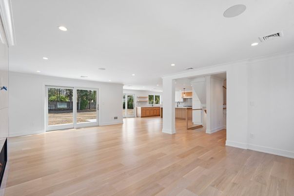 Empty room, Interior, Kitchen, Recessed Lighting, Wood Texture Flooring