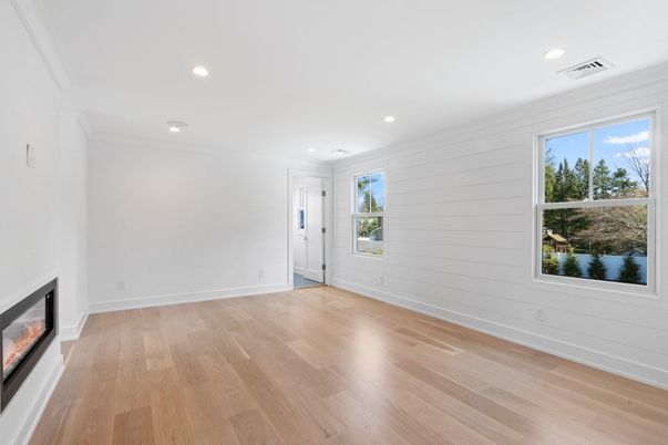 Empty room, Fireplace, Interior, Recessed Lighting, Wood Texture Flooring