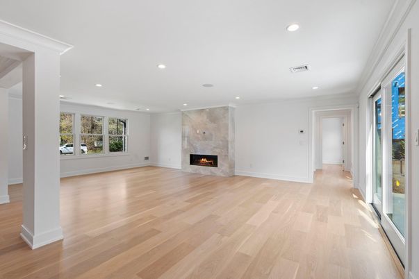 Empty room, Fireplace, Interior, Recessed Lighting, Wood Texture Flooring