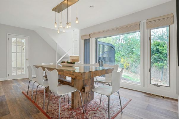 Dining room, Interior, Pendant Lights, Wood Texture Flooring