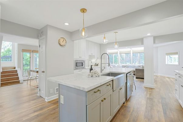 Interior, Kitchen, Pendant Lights, Recessed Lighting, Stainless Steel Appliances, Wood Texture Flooring