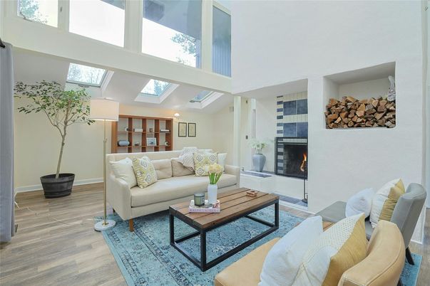 Fireplace, Interior, Living room, Recessed Lighting, Wood Texture Flooring