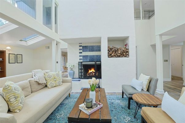 Fireplace, Interior, Living room, Recessed Lighting, Wood Texture Flooring
